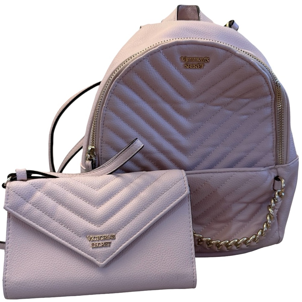 Victoria's Secret Light Pale Pink Quilted Backpack and Wallet Set with Gold